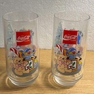 Vintage  1980s McCrory Store Christmas Coke Glasses Santa with Toys Lot of 2